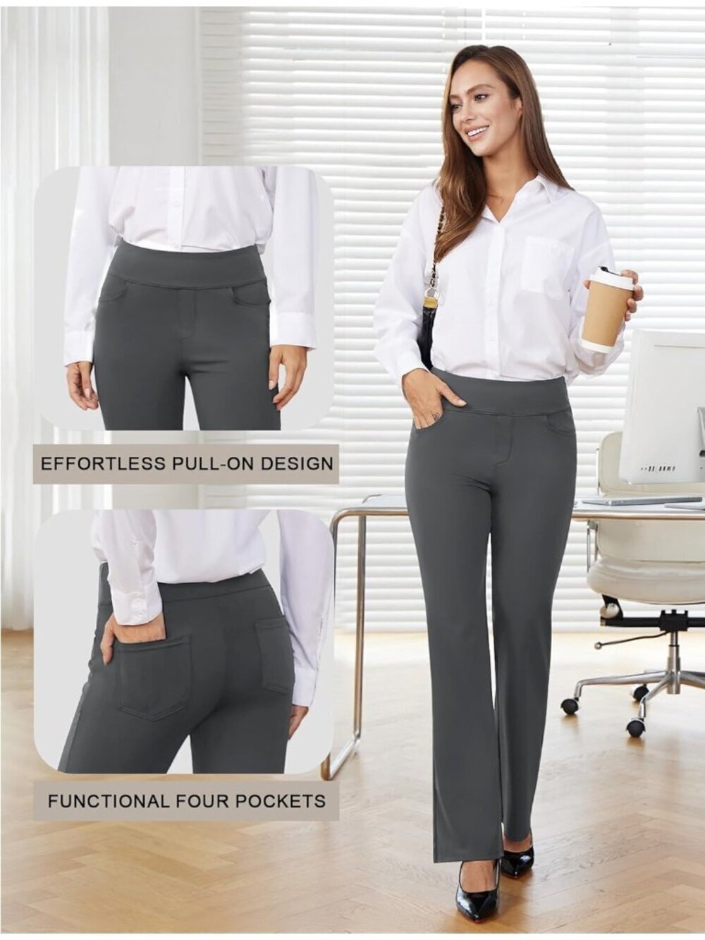 Women's Dark Grey Pull On Casual Slacks Imported Stretchy Dress Pants - Picture 3 of 6